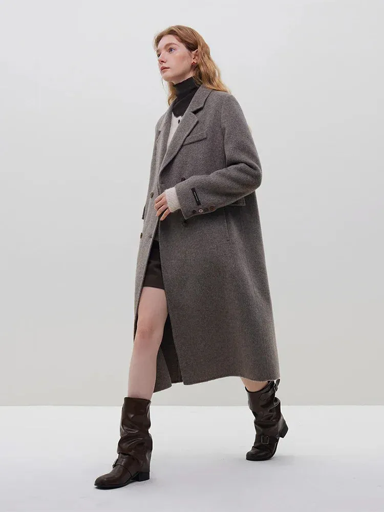 100% Wool Dark Grey Winter Mid-Length Straight Wool Coat - Simple Notched Collar, Temperament Shoulder Design