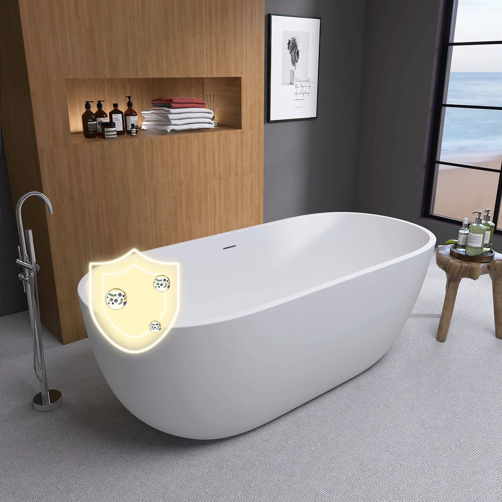 55" Matte White Oval Bathtub with Freestanding and Center Overflow Design