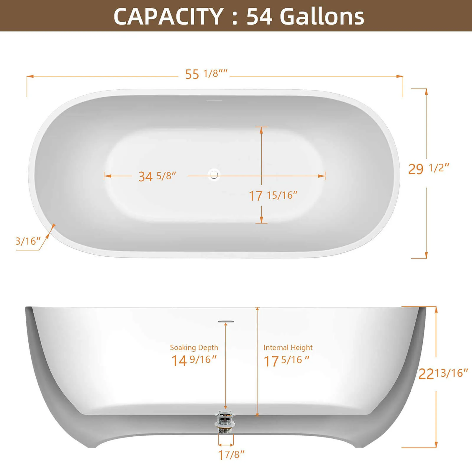 55" Matte White Oval Bathtub with Freestanding and Center Overflow Design