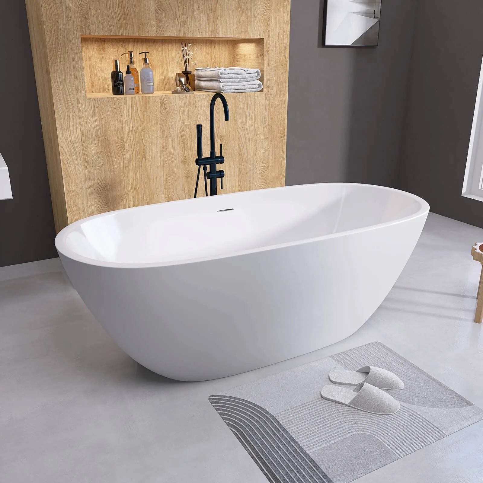 55" Matte White Oval Bathtub with Freestanding and Center Overflow Design