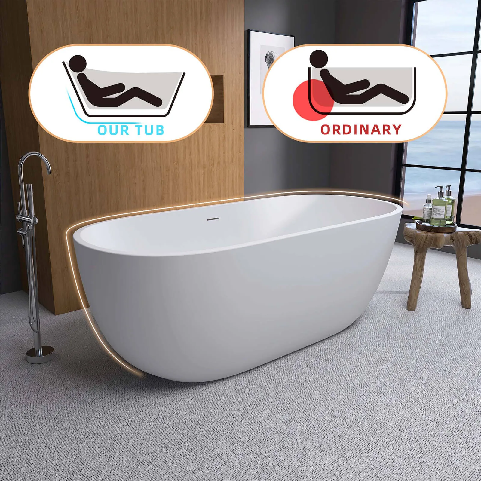 55" Matte White Oval Bathtub with Freestanding and Center Overflow Design