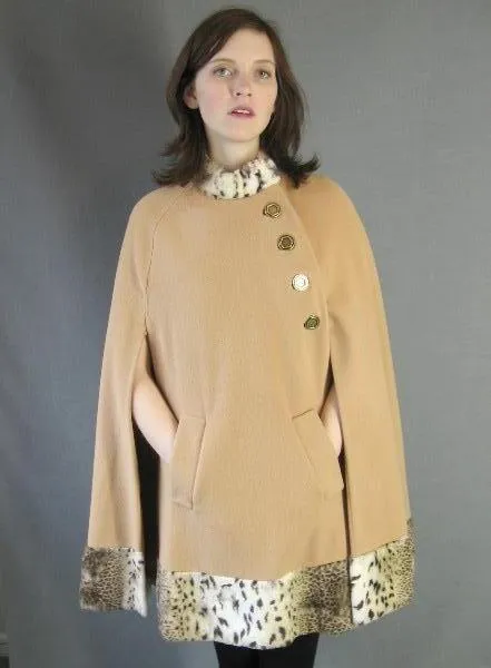 60s Cape 70s Vintage Mod Faux Cheetah Trim Camel Country Pacer VFG