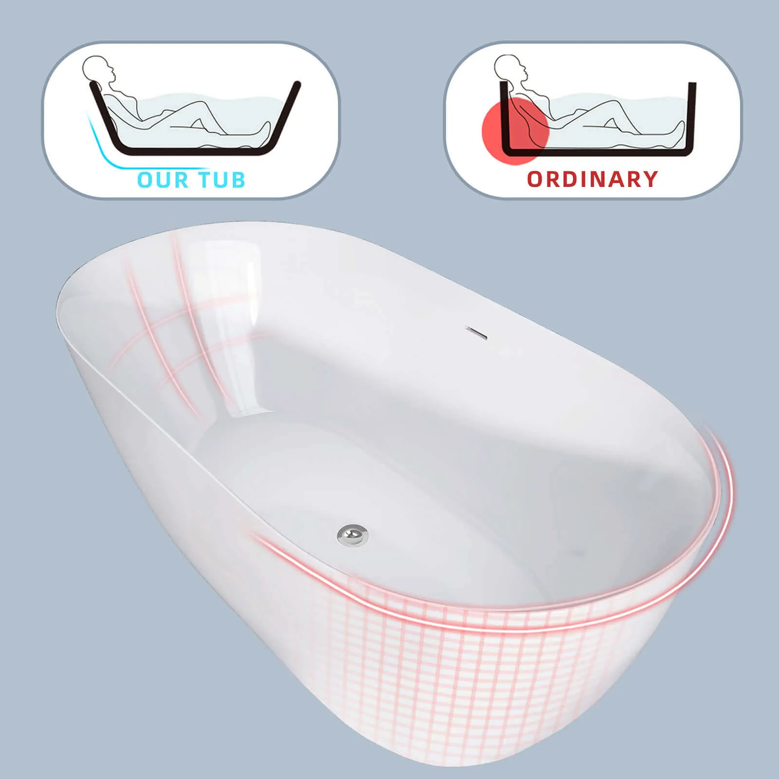 67" Large Oval Acrylic Soaking Tub with Freestanding Design