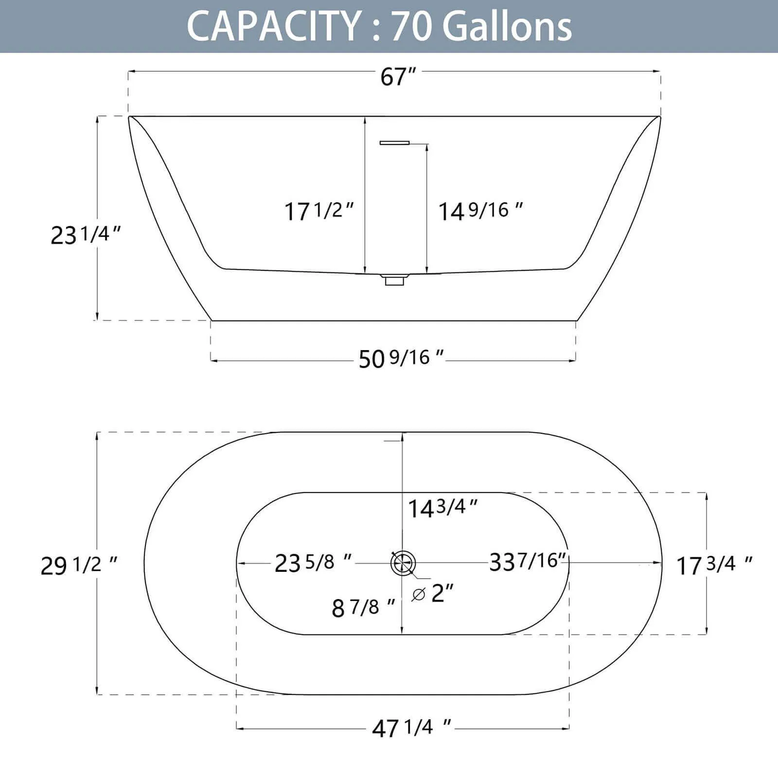 67" Large Oval Acrylic Soaking Tub with Freestanding Design