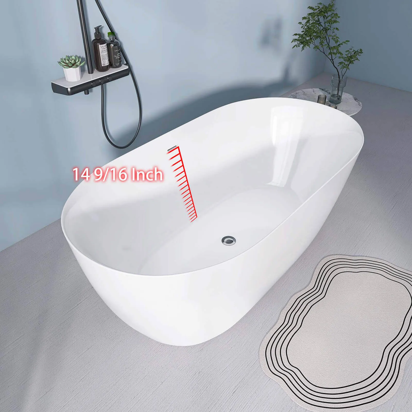 67" Large Oval Acrylic Soaking Tub with Freestanding Design