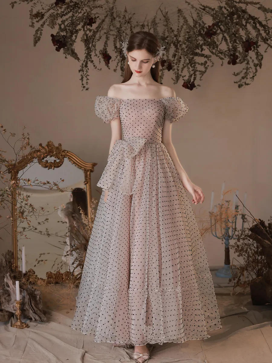 A Line Polka Dot Tulle Tea Length  Pink Prom Dresses, Puff Sleeves Homecoming Dress