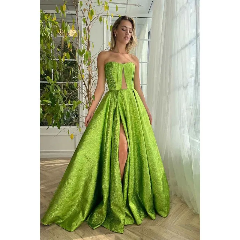 A Line Strapless High Split Long Prom Party Dress with Pockets