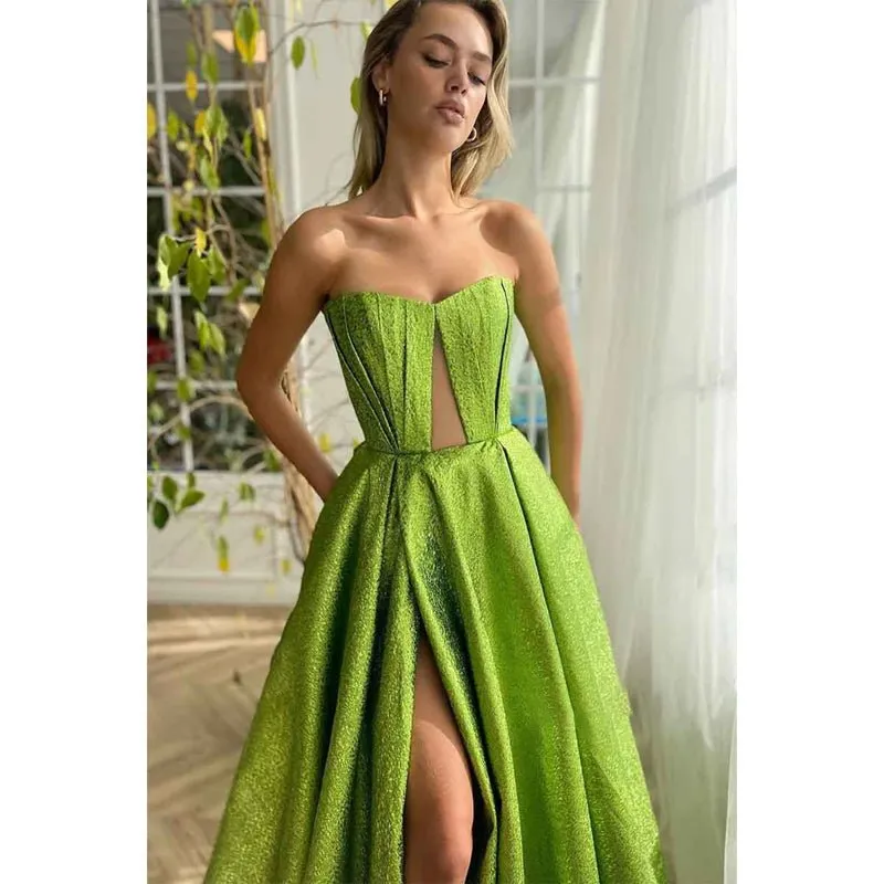 A Line Strapless High Split Long Prom Party Dress with Pockets