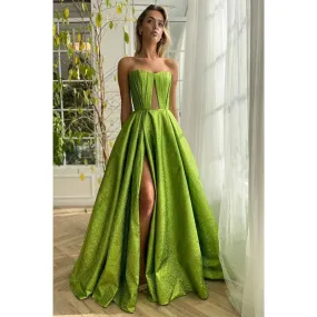 A Line Strapless High Split Long Prom Party Dress with Pockets