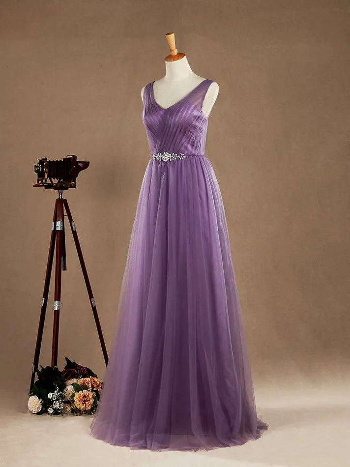 A-Line V-neck Floor Length Tulle Bridesmaid Dress Criss Cross with Beading