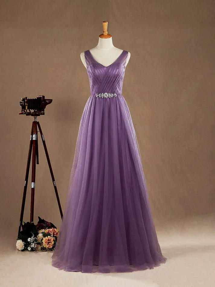 A-Line V-neck Floor Length Tulle Bridesmaid Dress Criss Cross with Beading