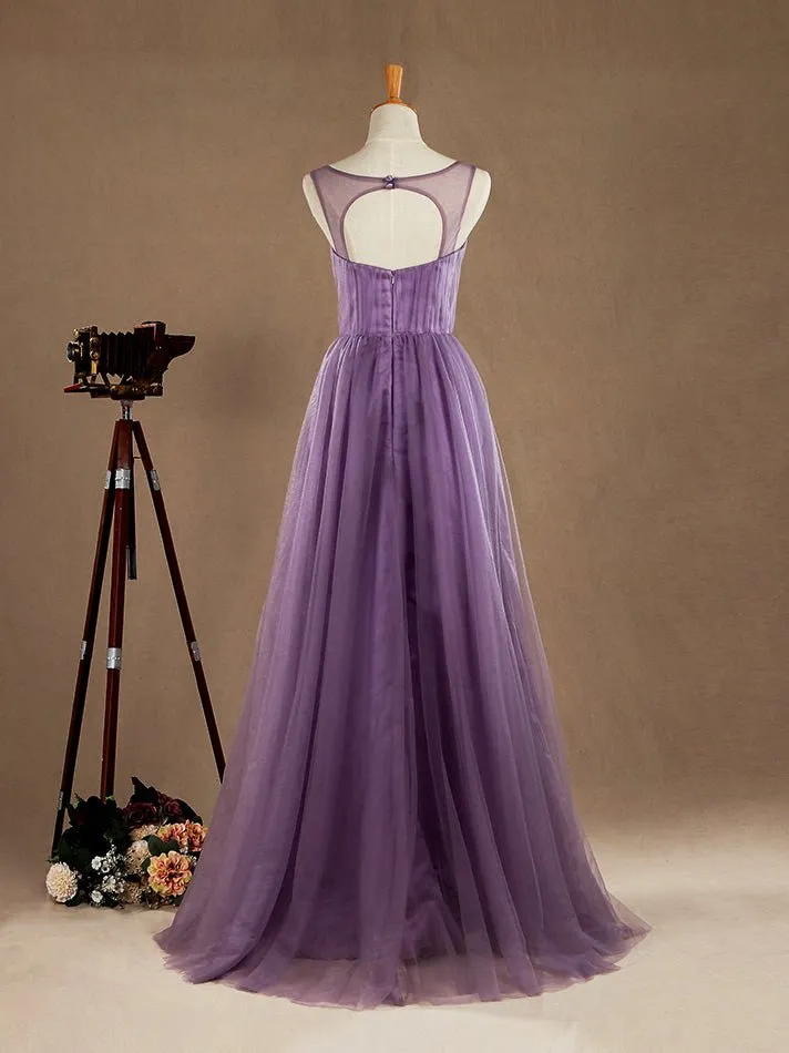 A-Line V-neck Floor Length Tulle Bridesmaid Dress Criss Cross with Beading