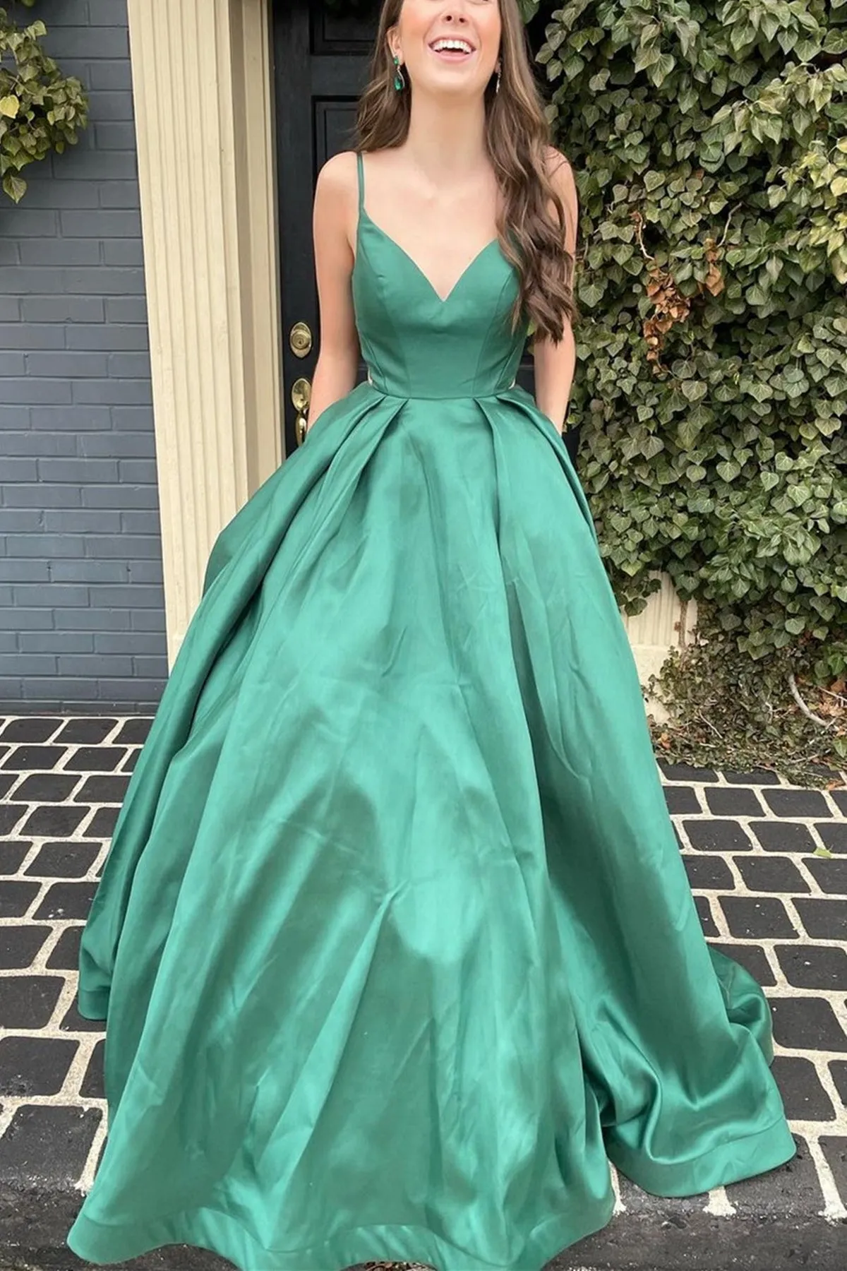 A Line V Neck Open Back Green Satin Long Prom Dress, Backless Green Formal Graduation Evening Dress A1478