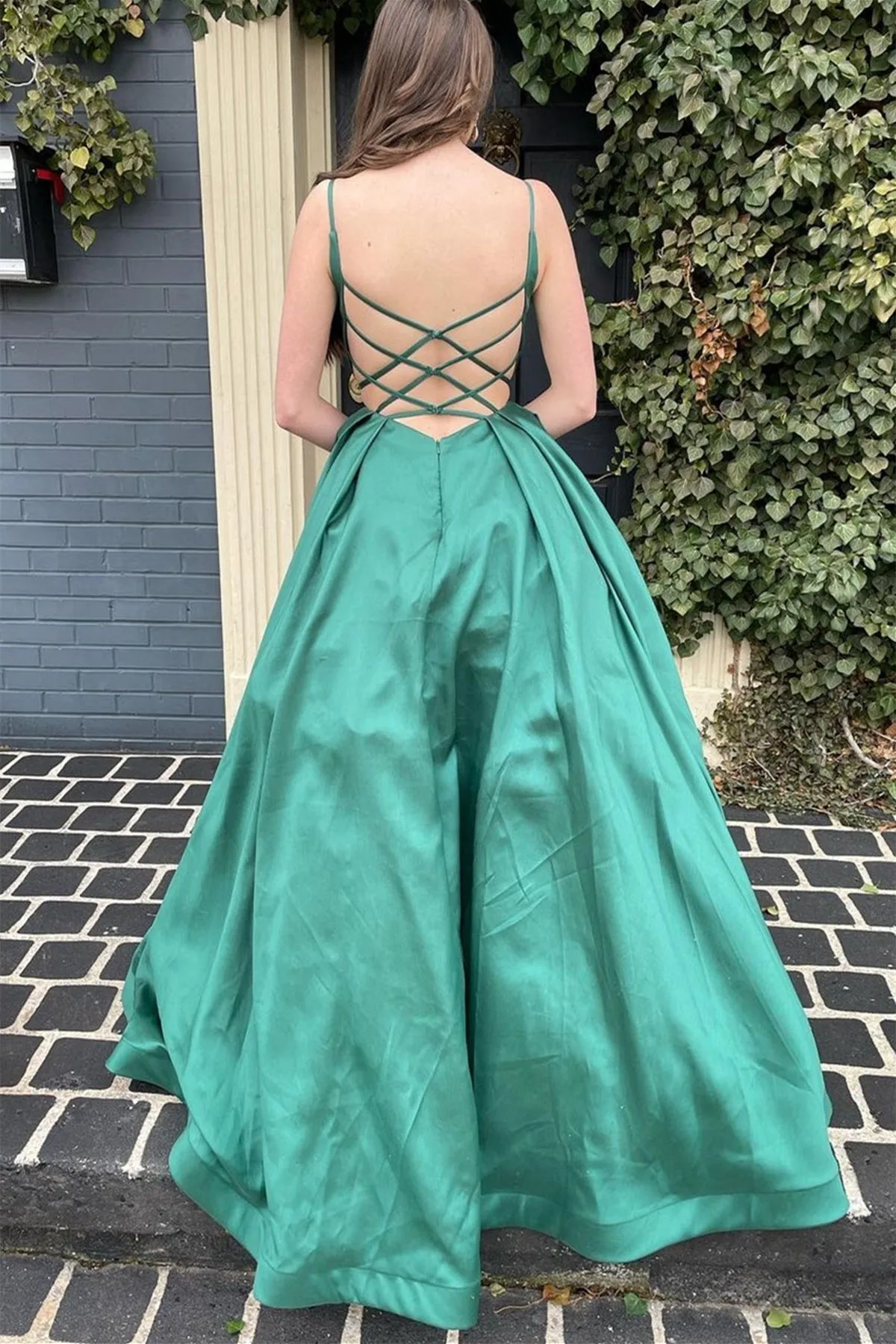 A Line V Neck Open Back Green Satin Long Prom Dress, Backless Green Formal Graduation Evening Dress A1478