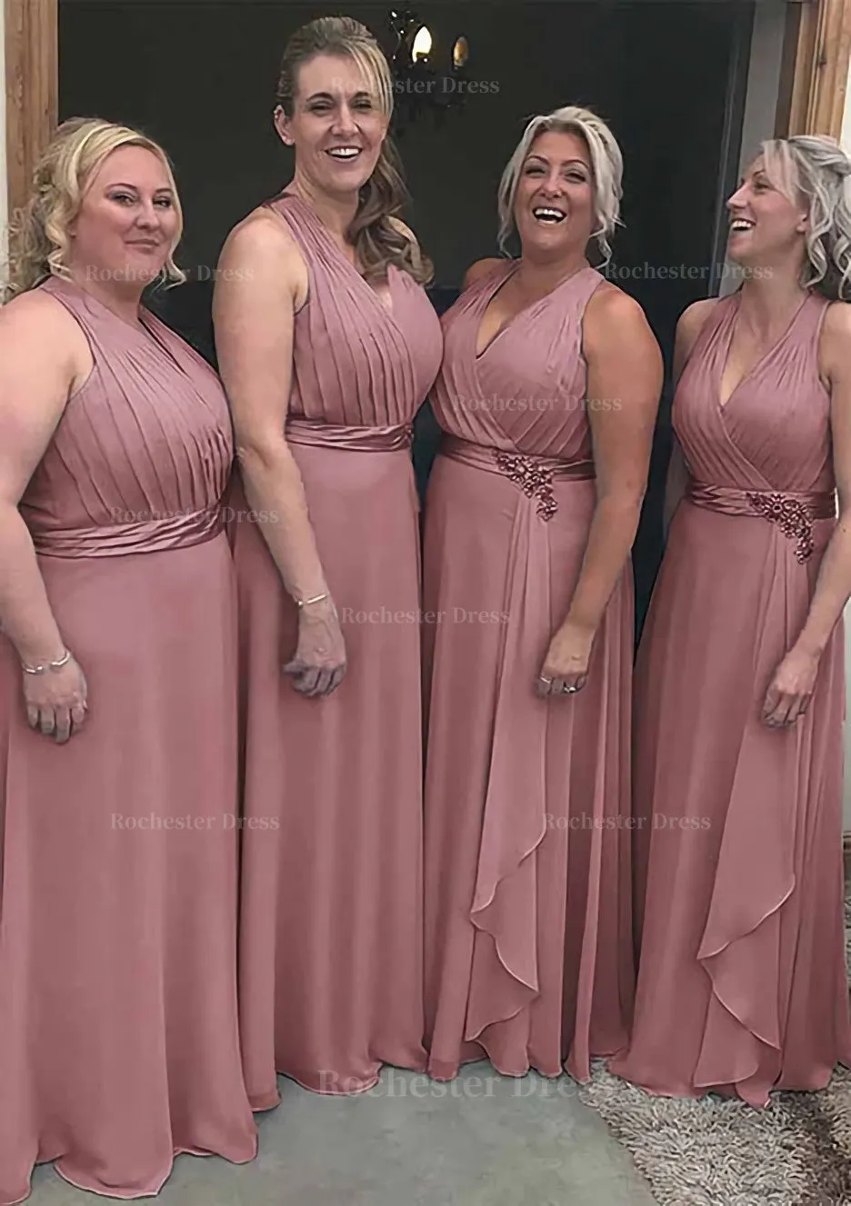 A-line/Princess V Neck Sleeveless Long/Floor-Length Chiffon Bridesmaid Dresses With Pleated Waistband