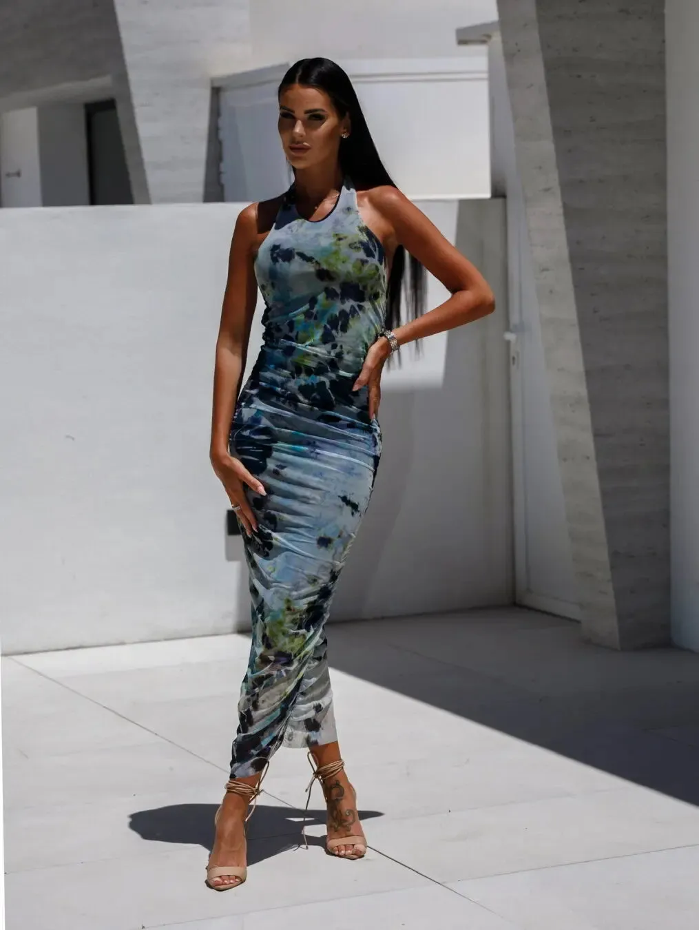 Abstract Print Halter Bodycon Dress