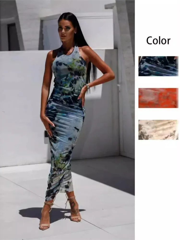 Abstract Print Halter Bodycon Dress