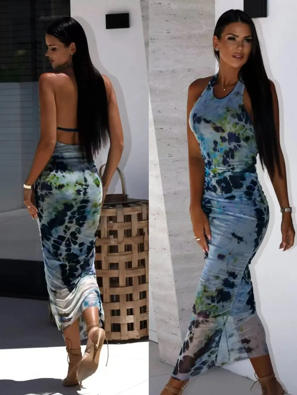 Abstract Print Halter Bodycon Dress