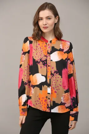 Abstract Print Rayon Satin Button Down Shirt