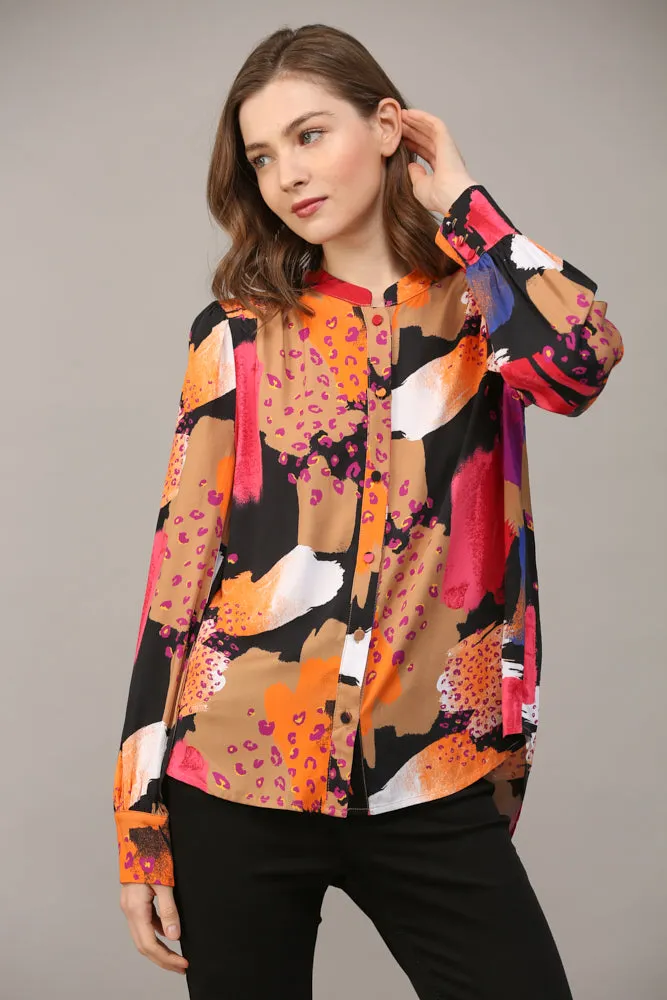 Abstract Print Rayon Satin Button Down Shirt