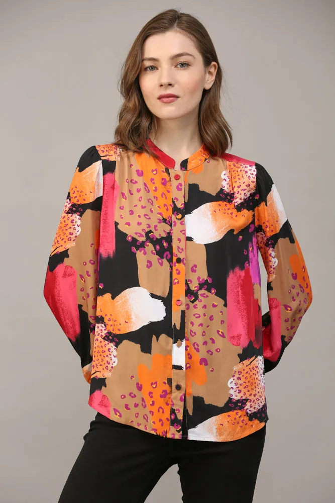 Abstract Print Rayon Satin Button Down Shirt