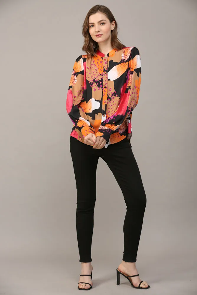 Abstract Print Rayon Satin Button Down Shirt