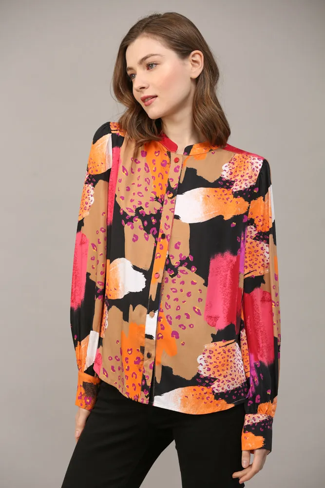 Abstract Print Rayon Satin Button Down Shirt