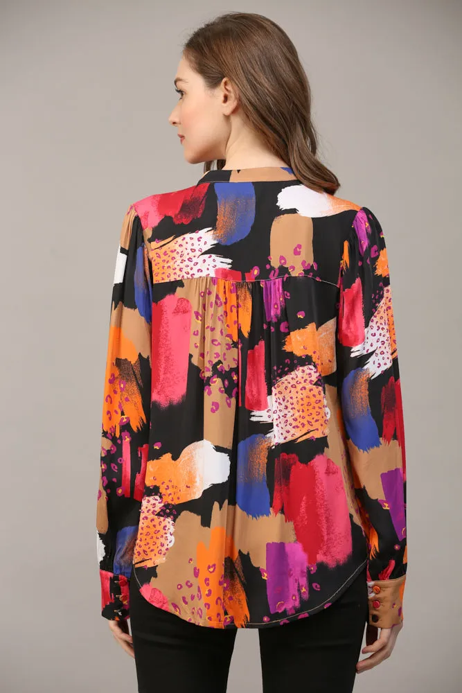 Abstract Print Rayon Satin Button Down Shirt