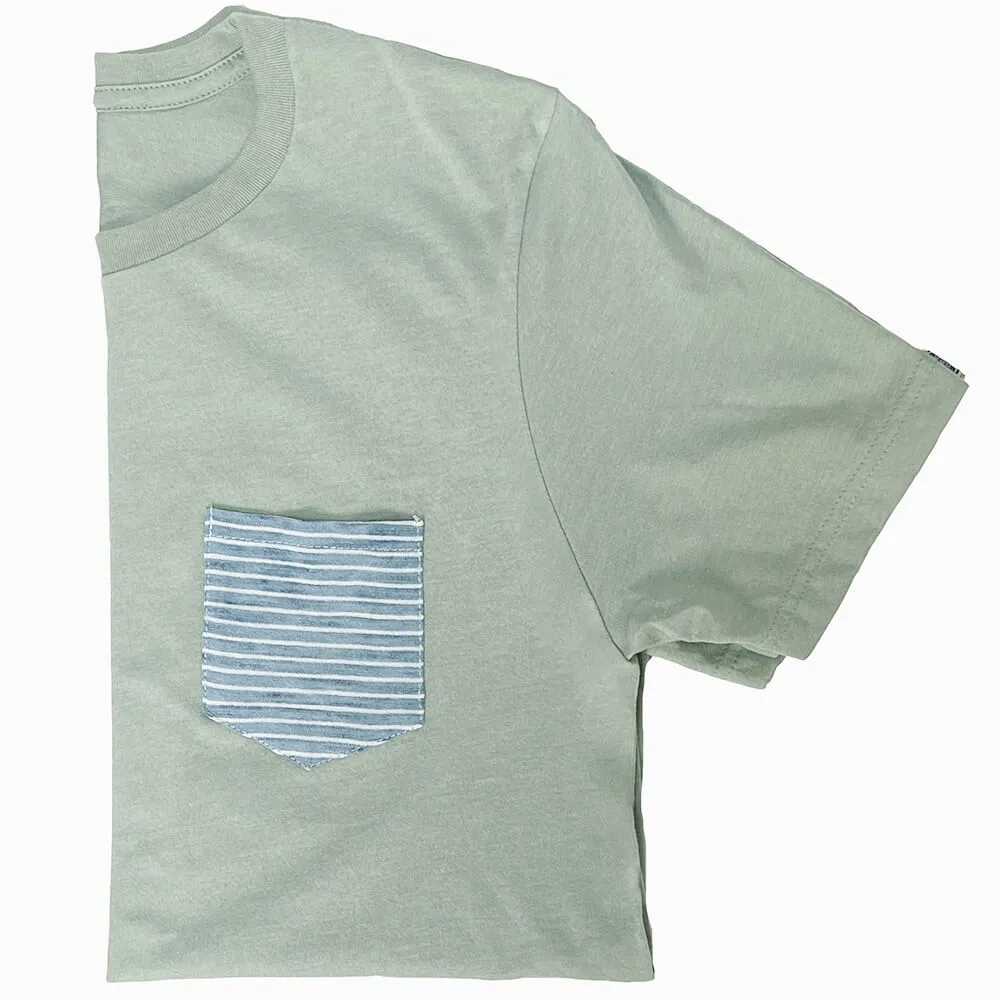 Acadia Green With Blue & White Indigo Stripe Pocket T-Shirt