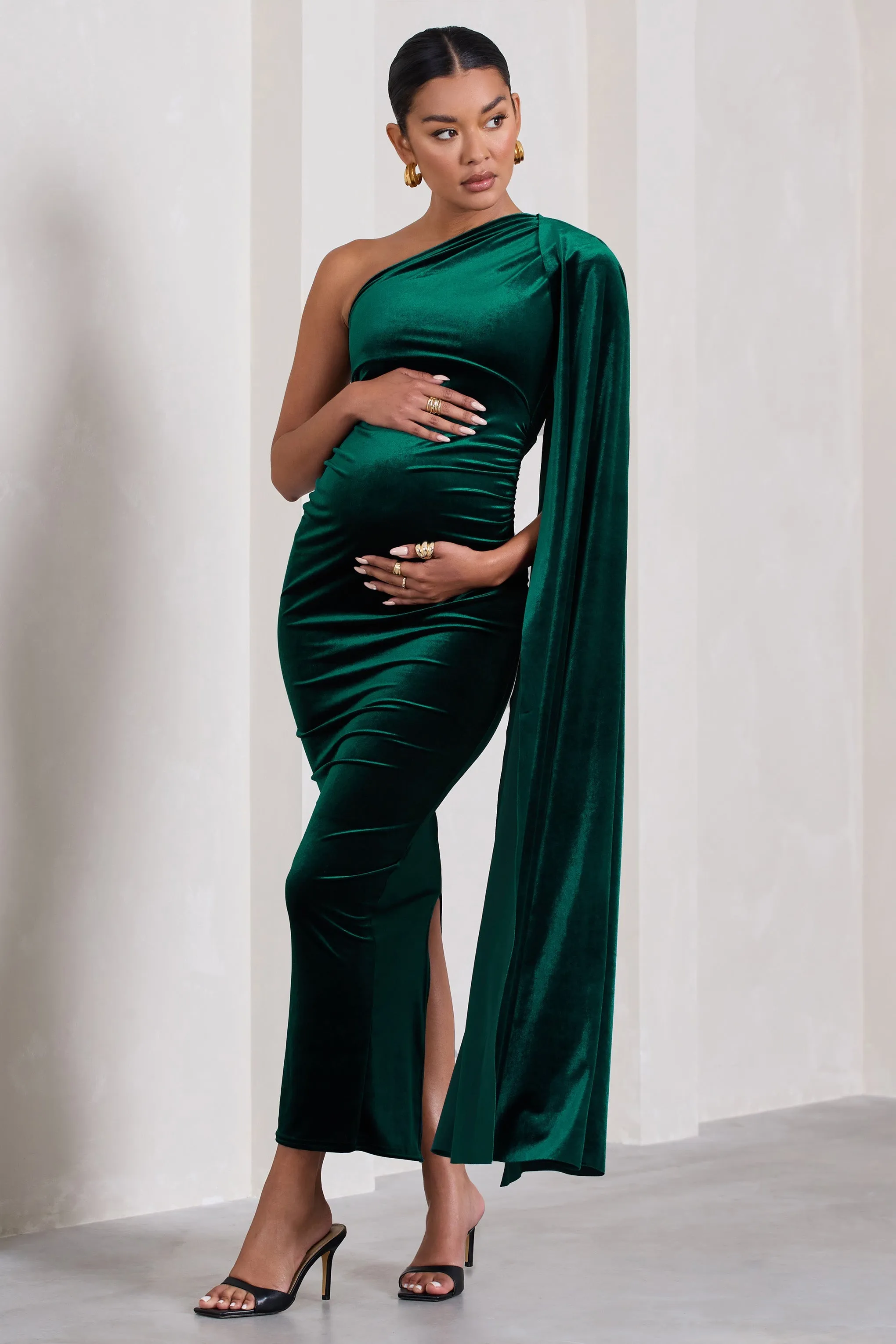 Amaryllis | Bottle Green Velvet Maternity One Shoulder Maxi Dress with Cape Sleeve