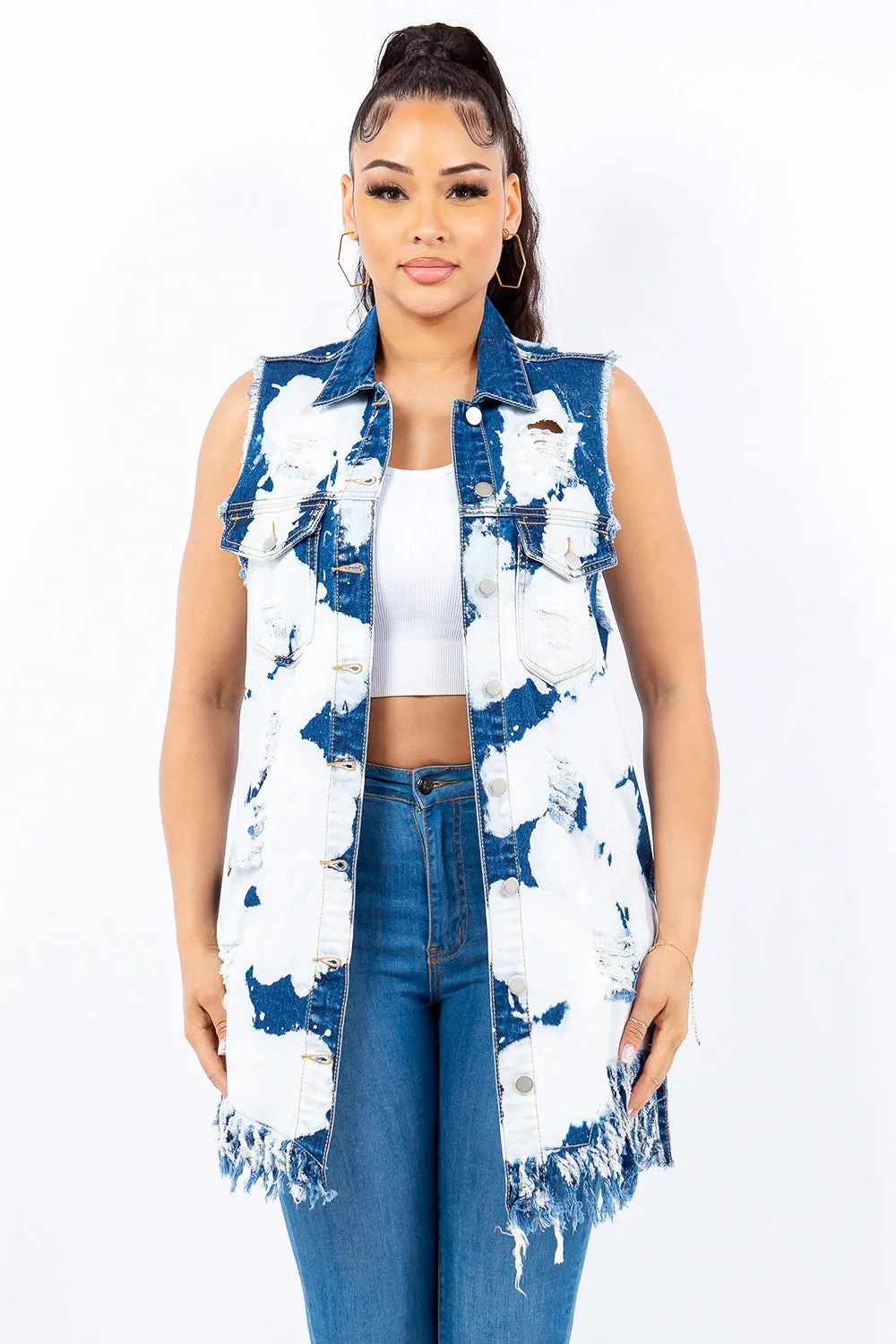 American Bazi Distressed Frayed Edge Longline Denim Vest