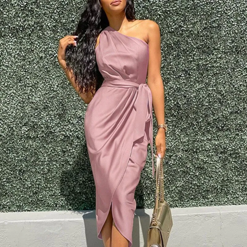 Amozae--Satin Midi Dresses for Women Elegant Ruched Party Evening Bodycon Slip Long Dress   Summer Spaghetti Strap Club Outfits