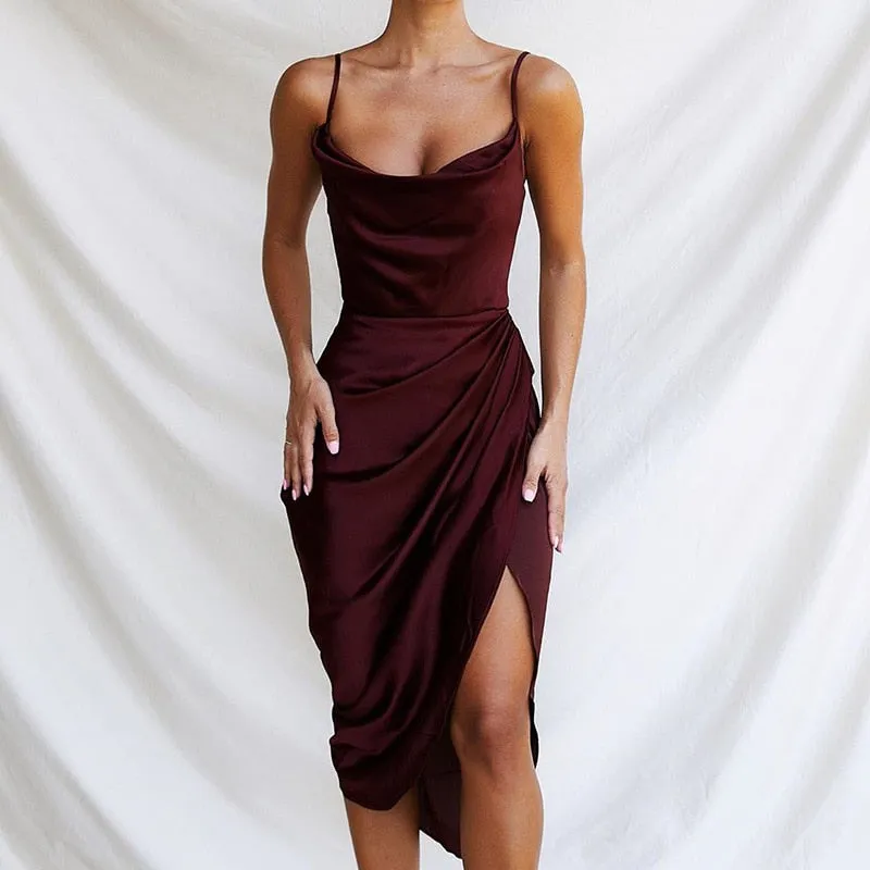 Amozae--Satin Midi Dresses for Women Elegant Ruched Party Evening Bodycon Slip Long Dress   Summer Spaghetti Strap Club Outfits