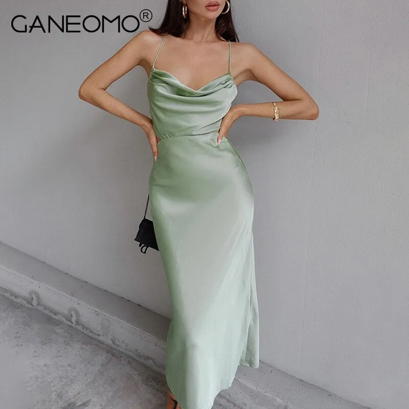 Amozae--Satin Midi Dresses for Women Elegant Ruched Party Evening Bodycon Slip Long Dress   Summer Spaghetti Strap Club Outfits