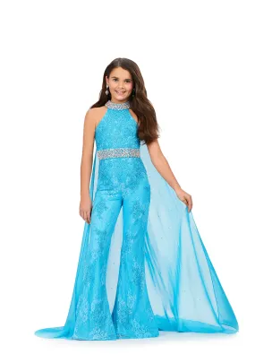 Ashley Lauren Kids 8225 Girls Lace Crystal Jumpsuit Cape Bell Bottom Pageant Fun Fashion Wear