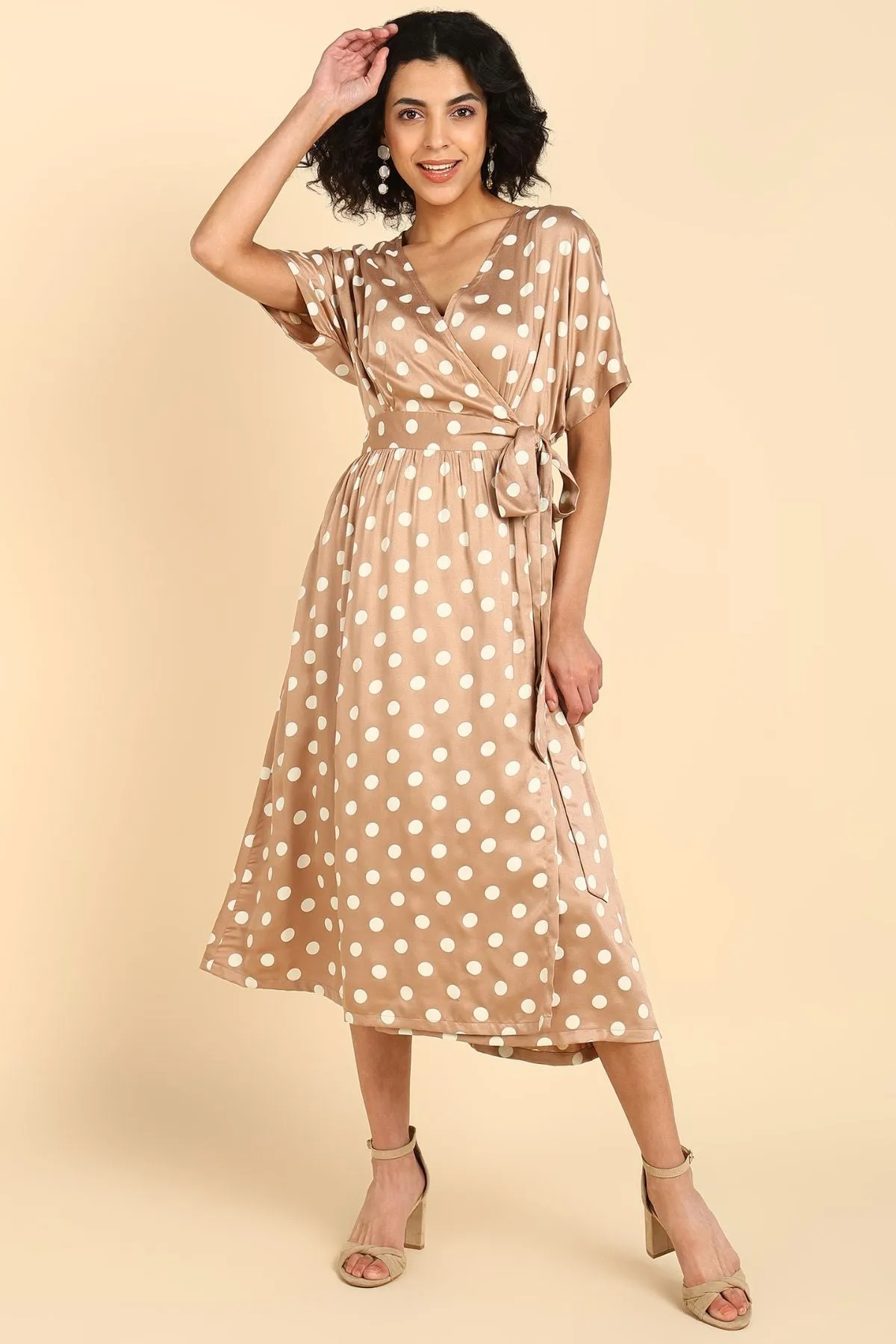 Beige Polka Satin Wrap Zipless Maternity Dress