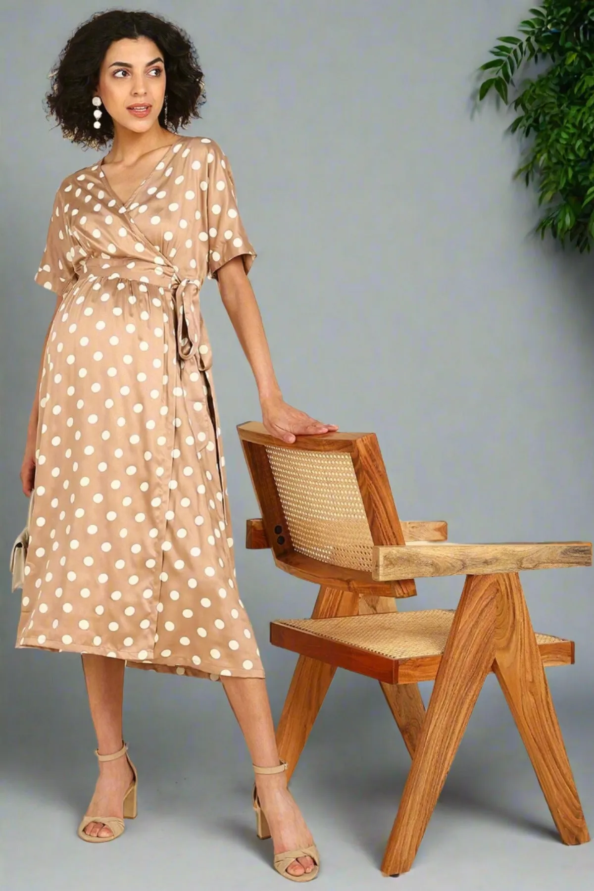 Beige Polka Satin Wrap Zipless Maternity Dress