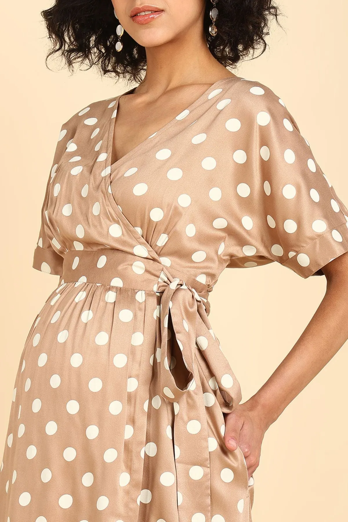 Beige Polka Satin Wrap Zipless Maternity Dress