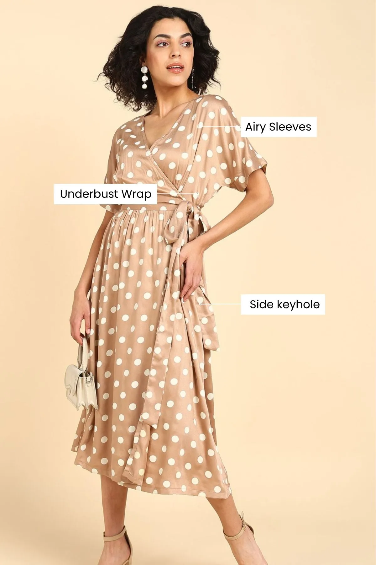 Beige Polka Satin Wrap Zipless Maternity Dress