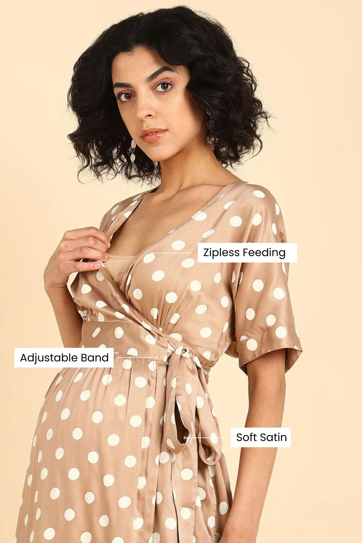 Beige Polka Satin Wrap Zipless Maternity Dress