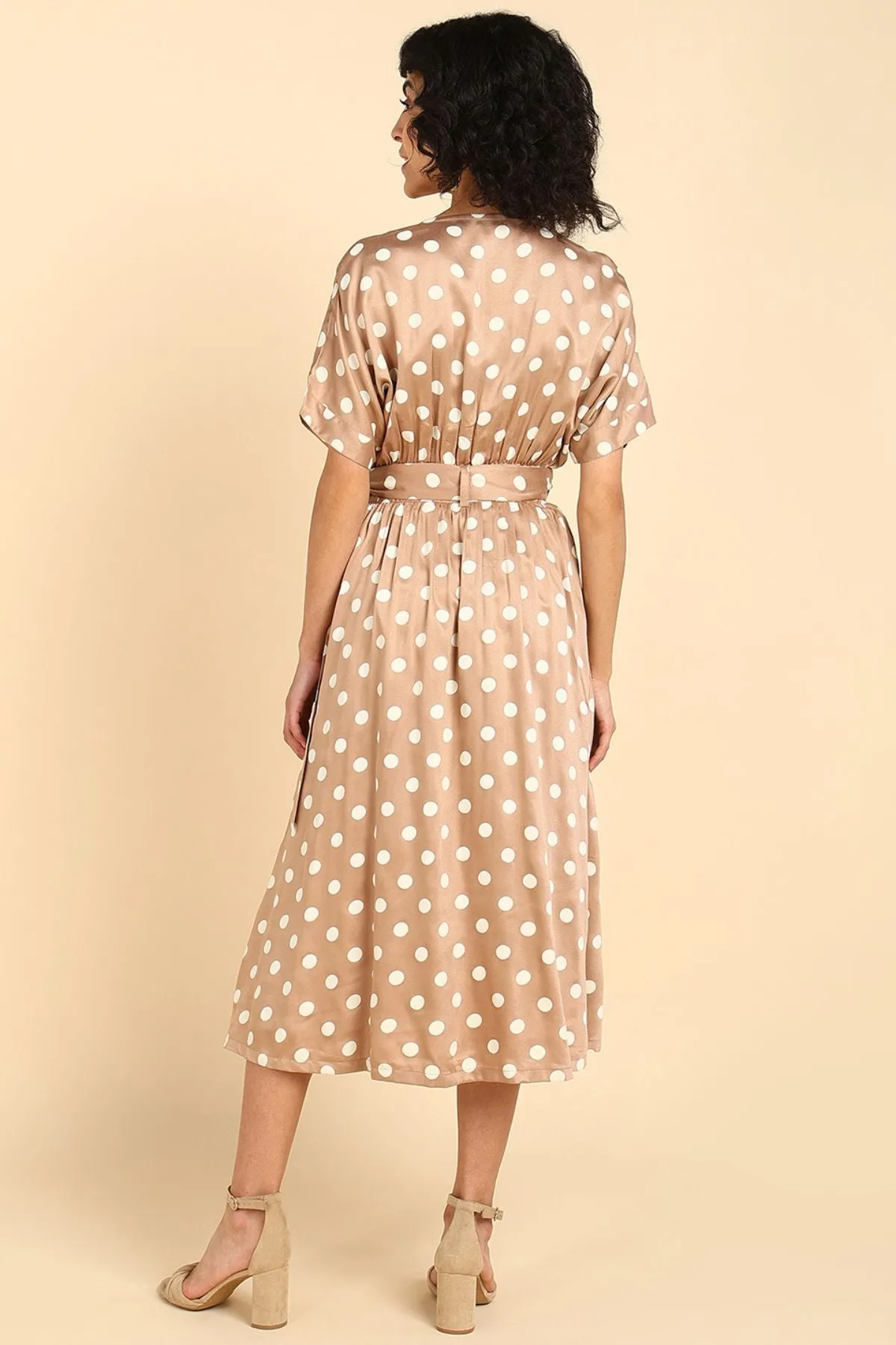 Beige Polka Satin Wrap Zipless Maternity Dress