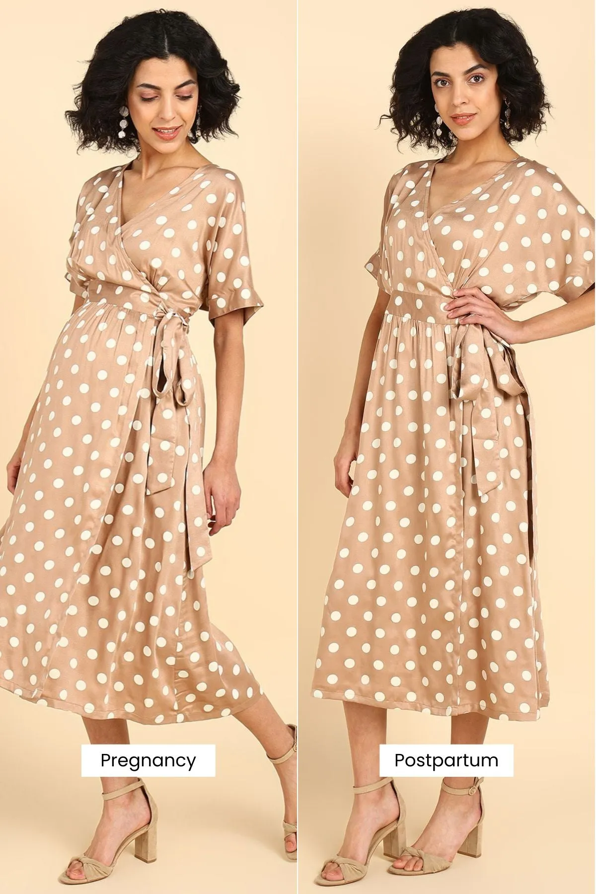 Beige Polka Satin Wrap Zipless Maternity Dress