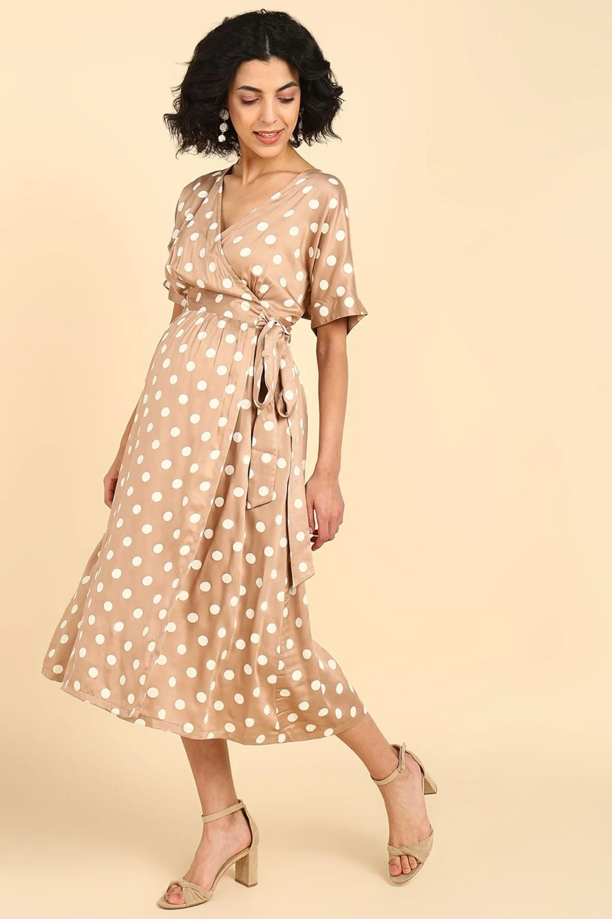 Beige Polka Satin Wrap Zipless Maternity Dress