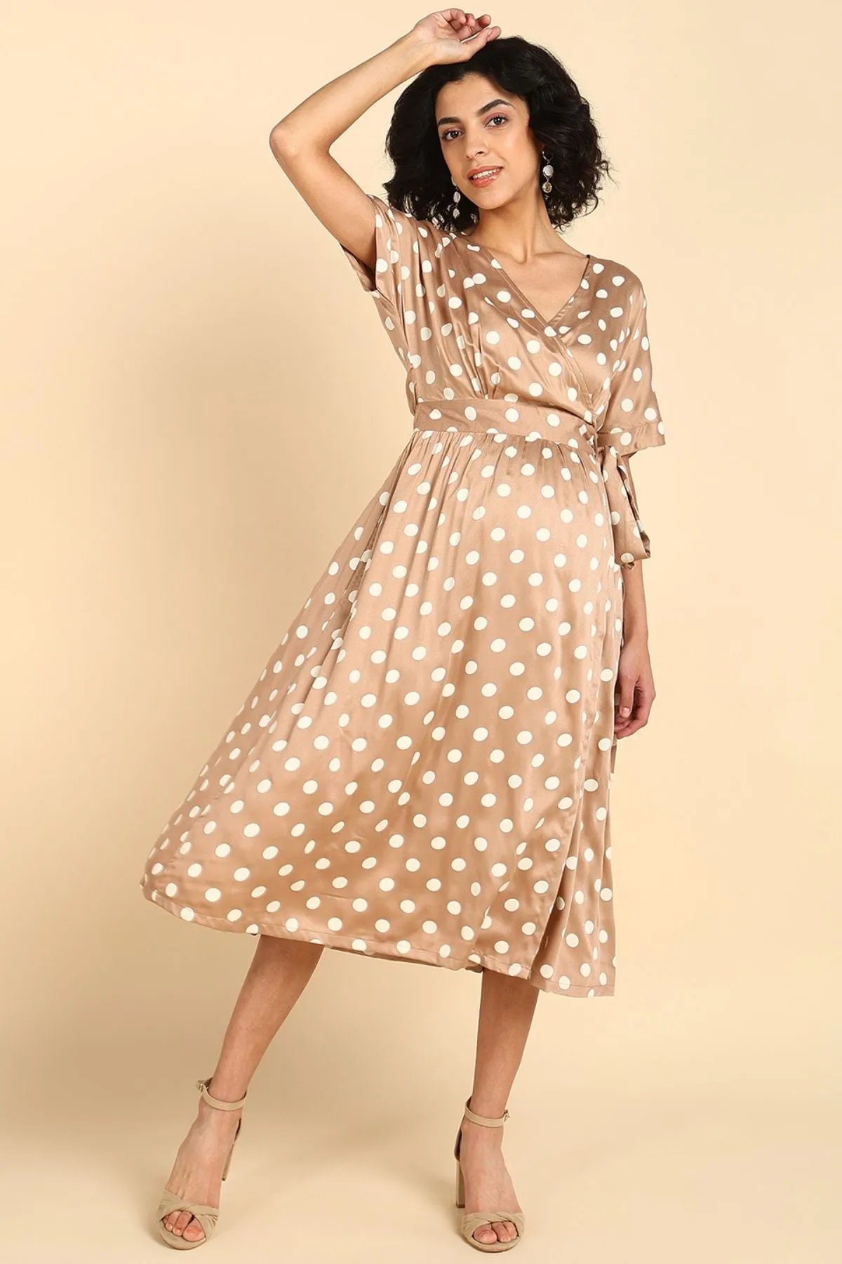 Beige Polka Satin Wrap Zipless Maternity Dress