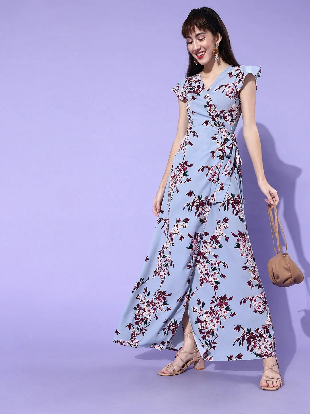 Berrylush Women Blue & Red Floral Printed Side Tie-up Wrap Maxi Dress