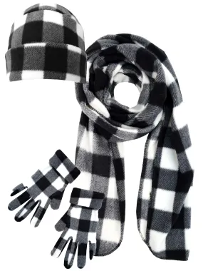 Black & White Plaid Print Fleece Scarf Glove & Hat Set