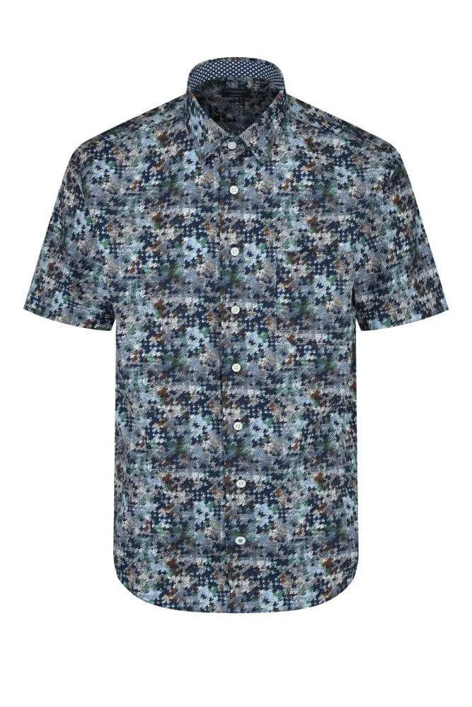 Blue Abstract Men's Short Sleeve Hidden Button Down Shirt