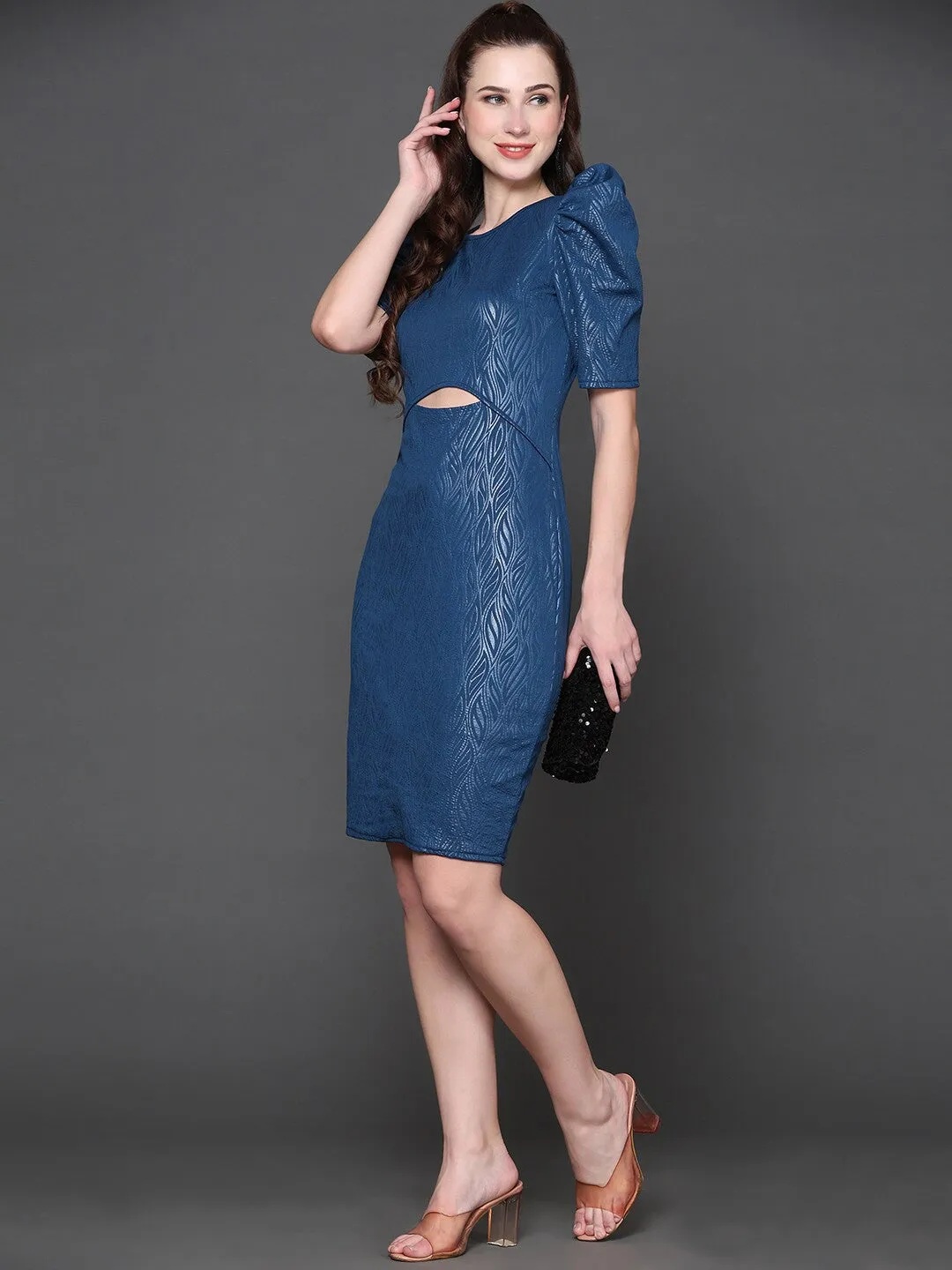 Blue Self Design Bodycon Dress