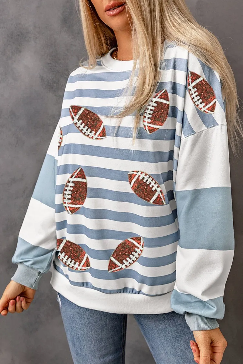 Blue Stripe Sequin Football Pullover Sweatshirt