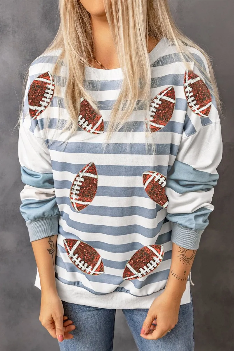 Blue Stripe Sequin Football Pullover Sweatshirt